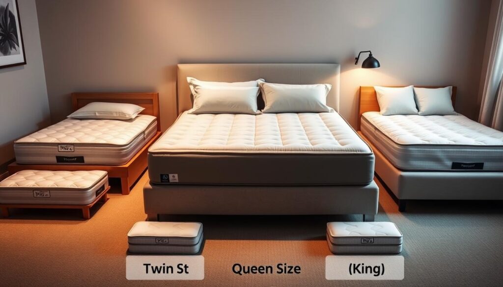 A cozy bedroom scene with a full-size mattress, accompanied by visual comparisons to smaller and larger mattress sizes. The full mattress is positioned centrally, taking up a significant portion of the frame, with a soft, neutral-colored duvet and pillows. Surrounding the full mattress are smaller twin and queen mattresses, as well as a larger king-size mattress, arranged in a visually appealing layout to highlight the size differences. The room is illuminated by warm, soft lighting, creating a tranquil and inviting atmosphere. The overall composition emphasizes the versatility and mid-size nature of the full/double mattress, making it a compelling choice for the article's subject. A cozy bedroom scene with a full-size mattress, accompanied by visual comparisons to smaller and larger mattress sizes. The full mattress is positioned centrally, taking up a significant portion of the frame, with a soft, neutral-colored duvet and pillows. Surrounding the full mattress are smaller twin and queen mattresses, as well as a larger king-size mattress, arranged in a visually appealing layout to highlight the size differences. The room is illuminated by warm, soft lighting, creating a tranquil and inviting atmosphere. The overall composition emphasizes the versatility and mid-size nature of the full/double mattress, making it a compelling choice for the article's subject.