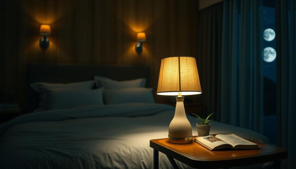 A cozy, dimly lit bedroom with a plush queen-sized bed dressed in soft, high-thread-count sheets and a down comforter. The bed is situated against a feature wall with warm wooden paneling, accented by a pair of sconces casting a gentle glow. In the foreground, a stylized bedside table holds a simple table lamp with a linen shade, illuminating a small potted plant and a book. The background reveals a window with sheer curtains, allowing a glimpse of a tranquil, moonlit nightscape. The overall atmosphere is one of comfort, relaxation, and an optimal environment for quality sleep. A cozy, dimly lit bedroom with a plush queen-sized bed dressed in soft, high-thread-count sheets and a down comforter. The bed is situated against a feature wall with warm wooden paneling, accented by a pair of sconces casting a gentle glow. In the foreground, a stylized bedside table holds a simple table lamp with a linen shade, illuminating a small potted plant and a book. The background reveals a window with sheer curtains, allowing a glimpse of a tranquil, moonlit nightscape. The overall atmosphere is one of comfort, relaxation, and an optimal environment for quality sleep.