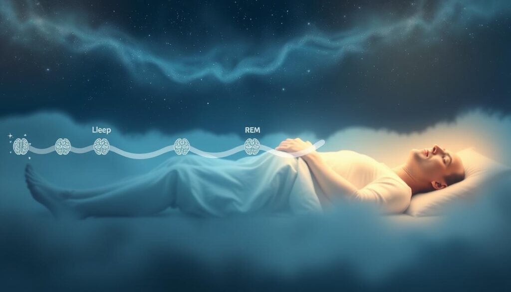 A dreamlike, ethereal visualization of the sleep cycle stages. In the foreground, a reclining figure gradually transitions through different states of sleep, from restful light sleep to deep, restorative REM. The middle ground features stylized representations of the sleep stages, with undulating waves of brain activity and breathing patterns. In the background, a starry, cosmic landscape evokes the subconscious realm of dreams. Soft, muted colors and a sense of tranquility permeate the scene, capturing the rhythmic, natural flow of the sleep cycle. Diffused lighting and a painterly, impressionistic style imbue the image with a sense of mystery and the ineffable beauty of the sleeping mind. A dreamlike, ethereal visualization of the sleep cycle stages. In the foreground, a reclining figure gradually transitions through different states of sleep, from restful light sleep to deep, restorative REM. The middle ground features stylized representations of the sleep stages, with undulating waves of brain activity and breathing patterns. In the background, a starry, cosmic landscape evokes the subconscious realm of dreams. Soft, muted colors and a sense of tranquility permeate the scene, capturing the rhythmic, natural flow of the sleep cycle. Diffused lighting and a painterly, impressionistic style imbue the image with a sense of mystery and the ineffable beauty of the sleeping mind.