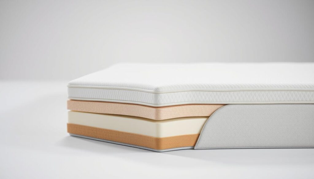 A high-quality close-up photograph of the cross-section of a hybrid mattress, showcasing its internal construction. The mattress is positioned on a clean, minimalist background, allowing the layers and materials to be the focal point. The lighting is soft and diffused, gently illuminating the details and textures of the mattress components, including the memory foam, springs, and any additional comfort layers. The camera angle is slightly elevated, providing a clear view of the mattress's intricate hybrid design. The overall mood is clinical, technical, and informative, conveying the unique features and benefits of a hybrid mattress construction. A high-quality close-up photograph of the cross-section of a hybrid mattress, showcasing its internal construction. The mattress is positioned on a clean, minimalist background, allowing the layers and materials to be the focal point. The lighting is soft and diffused, gently illuminating the details and textures of the mattress components, including the memory foam, springs, and any additional comfort layers. The camera angle is slightly elevated, providing a clear view of the mattress's intricate hybrid design. The overall mood is clinical, technical, and informative, conveying the unique features and benefits of a hybrid mattress construction.