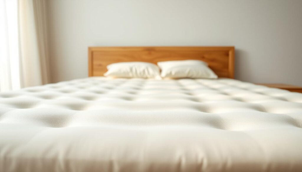 A high-quality latex mattress in a bright, airy bedroom. The mattress is shown in close-up, with a smooth, creamy-white surface and a slight sheen. The lighting is soft and diffused, casting gentle shadows that accentuate the material's natural texture. In the background, a clean-lined, minimalist wooden bed frame and headboard provide a simple, natural backdrop. The overall mood is one of tranquility, comfort, and a touch of luxury, inviting the viewer to imagine the restful, restorative experience of sleeping on a premium latex mattress. A high-quality latex mattress in a bright, airy bedroom. The mattress is shown in close-up, with a smooth, creamy-white surface and a slight sheen. The lighting is soft and diffused, casting gentle shadows that accentuate the material's natural texture. In the background, a clean-lined, minimalist wooden bed frame and headboard provide a simple, natural backdrop. The overall mood is one of tranquility, comfort, and a touch of luxury, inviting the viewer to imagine the restful, restorative experience of sleeping on a premium latex mattress.