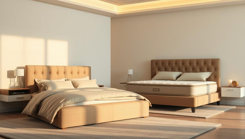 A large, luxurious queen bed nestled in the foreground, meticulously crafted with plush fabrics and elegant headboard. Beside it, a spacious king bed, its grand presence commanding attention. Subtle lighting casts a warm, inviting glow, highlighting the comparative sizes and materials of the two mattresses. The background features a serene, minimalist bedroom setting, allowing the beds to take center stage. Photorealistic quality, with a focus on capturing the subtle textures and details that distinguish the queen and king mattresses. A large, luxurious queen bed nestled in the foreground, meticulously crafted with plush fabrics and elegant headboard. Beside it, a spacious king bed, its grand presence commanding attention. Subtle lighting casts a warm, inviting glow, highlighting the comparative sizes and materials of the two mattresses. The background features a serene, minimalist bedroom setting, allowing the beds to take center stage. Photorealistic quality, with a focus on capturing the subtle textures and details that distinguish the queen and king mattresses.