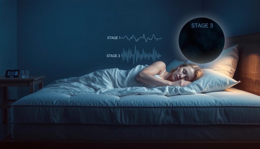 A serene, dimly lit bedroom scene depicting the stages of NREM (non-rapid eye movement) sleep. In the foreground, a sleeping figure lies peacefully on a plush mattress, their breathing shallow and rhythmic. Surrounding them, visual representations of the three NREM sleep stages float ethereally: Stage 1 as a soft, hazy glow; Stage 2 as a pulsing, wavelike pattern; and Stage 3 as a deep, enveloping darkness. The middle ground features subtle details like a bedside table with a glass of water and a sleep-tracking device. In the background, the room is filled with a calming, bluish tint, creating a sense of tranquility and rest. The overall mood is one of deep, restorative sleep, capturing the essential elements of the NREM sleep cycle.
