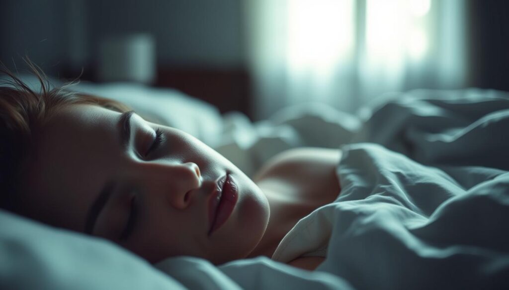 A serene, dimly lit bedroom where a person lies peacefully in deep sleep. The foreground features a close-up of a tranquil face, eyes gently closed, with soft lighting highlighting the contours. The middle ground shows a cozy bed draped in soft linens, creating a sense of comfort and relaxation. The background evokes a soothing, hushed atmosphere, with muted colors and a gentle, diffused lighting that suggests the restorative power of deep sleep. The overall scene conveys the restorative and rejuvenating benefits of a deep, uninterrupted slumber. A serene, dimly lit bedroom where a person lies peacefully in deep sleep. The foreground features a close-up of a tranquil face, eyes gently closed, with soft lighting highlighting the contours. The middle ground shows a cozy bed draped in soft linens, creating a sense of comfort and relaxation. The background evokes a soothing, hushed atmosphere, with muted colors and a gentle, diffused lighting that suggests the restorative power of deep sleep. The overall scene conveys the restorative and rejuvenating benefits of a deep, uninterrupted slumber.