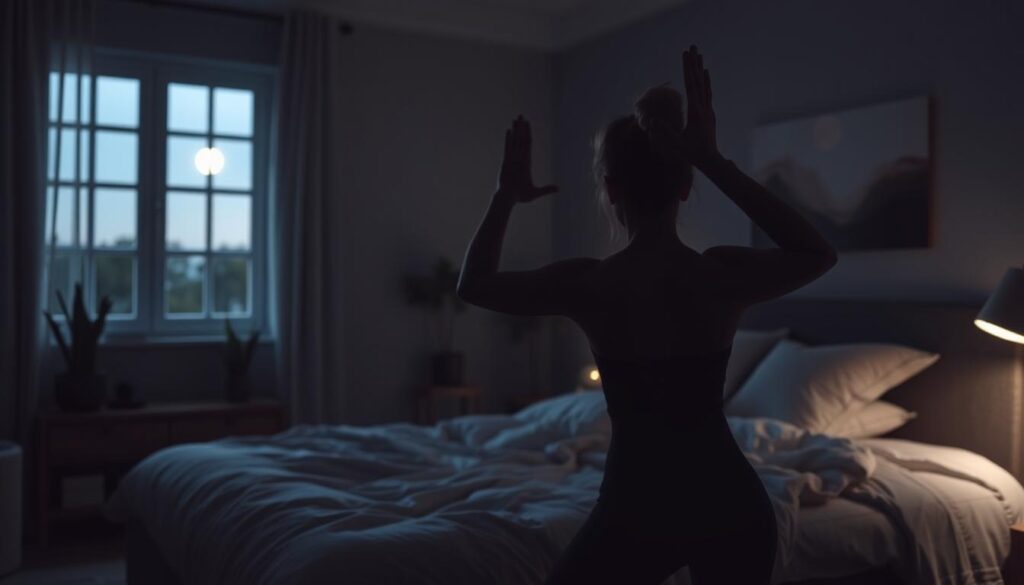 A serene, dimly lit bedroom with moonlight streaming through the windows. In the foreground, a person engages in gentle yoga poses, their silhouette illuminated by soft ambient lighting. The middle ground features a plush, inviting bed, cozy with textured bedding and pillows. In the background, the room is adorned with calming nature-inspired elements, like potted plants and a piece of abstract wall art. The overall atmosphere conveys a sense of tranquility and relaxation, promoting better sleep through mindful physical activity. A serene, dimly lit bedroom with moonlight streaming through the windows. In the foreground, a person engages in gentle yoga poses, their silhouette illuminated by soft ambient lighting. The middle ground features a plush, inviting bed, cozy with textured bedding and pillows. In the background, the room is adorned with calming nature-inspired elements, like potted plants and a piece of abstract wall art. The overall atmosphere conveys a sense of tranquility and relaxation, promoting better sleep through mindful physical activity.
