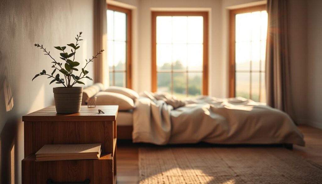 A serene, minimalist bedroom scene bathed in soft, warm lighting. In the foreground, a wooden nightstand holds a single potted plant and a book, symbolizing a tranquil, tech-free environment. The middle ground features a comfortable bed draped in natural linen bedding, inviting the viewer to unwind and disconnect. In the background, a large window overlooks a peaceful, natural landscape, conveying a sense of calm and disconnection from the digital world. The overall mood is one of simplicity, relaxation, and a return to mindfulness. A serene, minimalist bedroom scene bathed in soft, warm lighting. In the foreground, a wooden nightstand holds a single potted plant and a book, symbolizing a tranquil, tech-free environment. The middle ground features a comfortable bed draped in natural linen bedding, inviting the viewer to unwind and disconnect. In the background, a large window overlooks a peaceful, natural landscape, conveying a sense of calm and disconnection from the digital world. The overall mood is one of simplicity, relaxation, and a return to mindfulness.