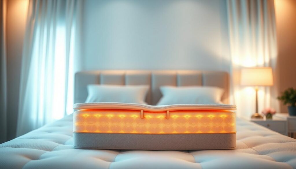 A serene, well-lit bedroom scene showcasing a high-quality mattress in the foreground. The mattress features a cross-section view, highlighting its internal pressure-relieving support system with visually captivating details. Soft, diffused lighting from behind creates a warm, inviting atmosphere, emphasizing the mattress's comfort and ergonomic design. The background is subtly blurred, allowing the mattress to be the focal point and drawing the viewer's attention to its innovative pressure point relief capabilities. A serene, well-lit bedroom scene showcasing a high-quality mattress in the foreground. The mattress features a cross-section view, highlighting its internal pressure-relieving support system with visually captivating details. Soft, diffused lighting from behind creates a warm, inviting atmosphere, emphasizing the mattress's comfort and ergonomic design. The background is subtly blurred, allowing the mattress to be the focal point and drawing the viewer's attention to its innovative pressure point relief capabilities.