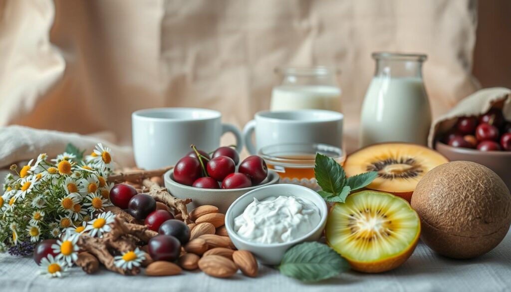 A still life composition of various sleep-promoting foods and ingredients set against a soft, warm-toned background. In the foreground, arrange a variety of whole foods such as chamomile flowers, valerian root, tart cherries, kiwi, almonds, and warm milk. In the middle ground, place a few herbal tea cups and a small dish of honey. The background should feature natural textures like linen or wood, creating a cozy, inviting atmosphere. Utilize soft, diffused lighting to enhance the tranquil mood. Capture the image from a slightly elevated angle, allowing the arrangement to fill the frame and emphasize the nourishing, sleep-enhancing properties of the selected ingredients. A still life composition of various sleep-promoting foods and ingredients set against a soft, warm-toned background. In the foreground, arrange a variety of whole foods such as chamomile flowers, valerian root, tart cherries, kiwi, almonds, and warm milk. In the middle ground, place a few herbal tea cups and a small dish of honey. The background should feature natural textures like linen or wood, creating a cozy, inviting atmosphere. Utilize soft, diffused lighting to enhance the tranquil mood. Capture the image from a slightly elevated angle, allowing the arrangement to fill the frame and emphasize the nourishing, sleep-enhancing properties of the selected ingredients.