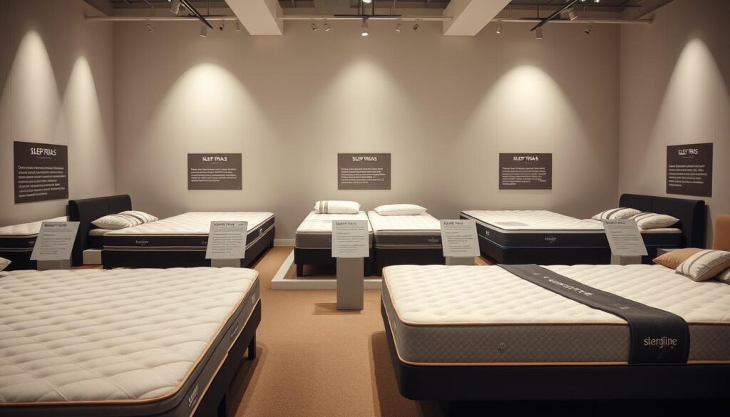 A well-lit showroom display featuring various mattress brands side-by-side, each meticulously presented on modern frames. The foreground showcases high-quality mattresses in neutral tones, inviting viewers to closely examine their construction and materials. In the middle ground, informative placards highlight key details like sleep trials, warranties, and customer service policies for each brand. The background subtly fades into a clean, minimalist setting, allowing the mattresses to take center stage. Soft, diffused lighting creates a serene, contemplative atmosphere, guiding the viewer's focus towards making an informed, personalized decision.