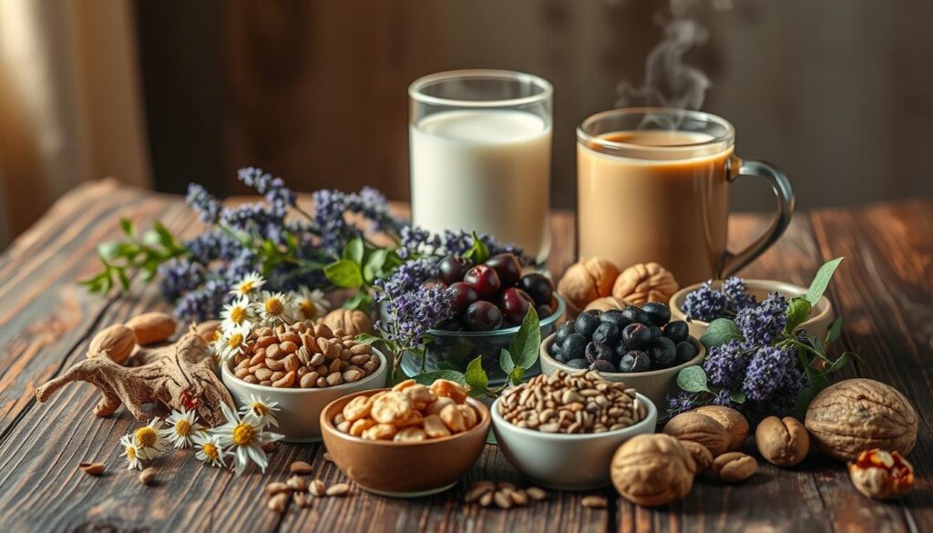 Elegant still life featuring an assortment of sleep-promoting nutrients on a rustic wooden table. Soft, warm lighting illuminates the scene from the side, casting gentle shadows and highlighting the textures of the ingredients. In the foreground, a variety of herbs, nuts, and seeds are arranged in small bowls, including chamomile, valerian root, lavender, and melatonin-rich foods like tart cherries and walnuts. In the middle ground, a glass of warm milk and a steaming mug of herbal tea add to the calming, cozy atmosphere. The background is blurred, emphasizing the focus on the restful, sleep-inducing elements in the composition. Elegant still life featuring an assortment of sleep-promoting nutrients on a rustic wooden table. Soft, warm lighting illuminates the scene from the side, casting gentle shadows and highlighting the textures of the ingredients. In the foreground, a variety of herbs, nuts, and seeds are arranged in small bowls, including chamomile, valerian root, lavender, and melatonin-rich foods like tart cherries and walnuts. In the middle ground, a glass of warm milk and a steaming mug of herbal tea add to the calming, cozy atmosphere. The background is blurred, emphasizing the focus on the restful, sleep-inducing elements in the composition.